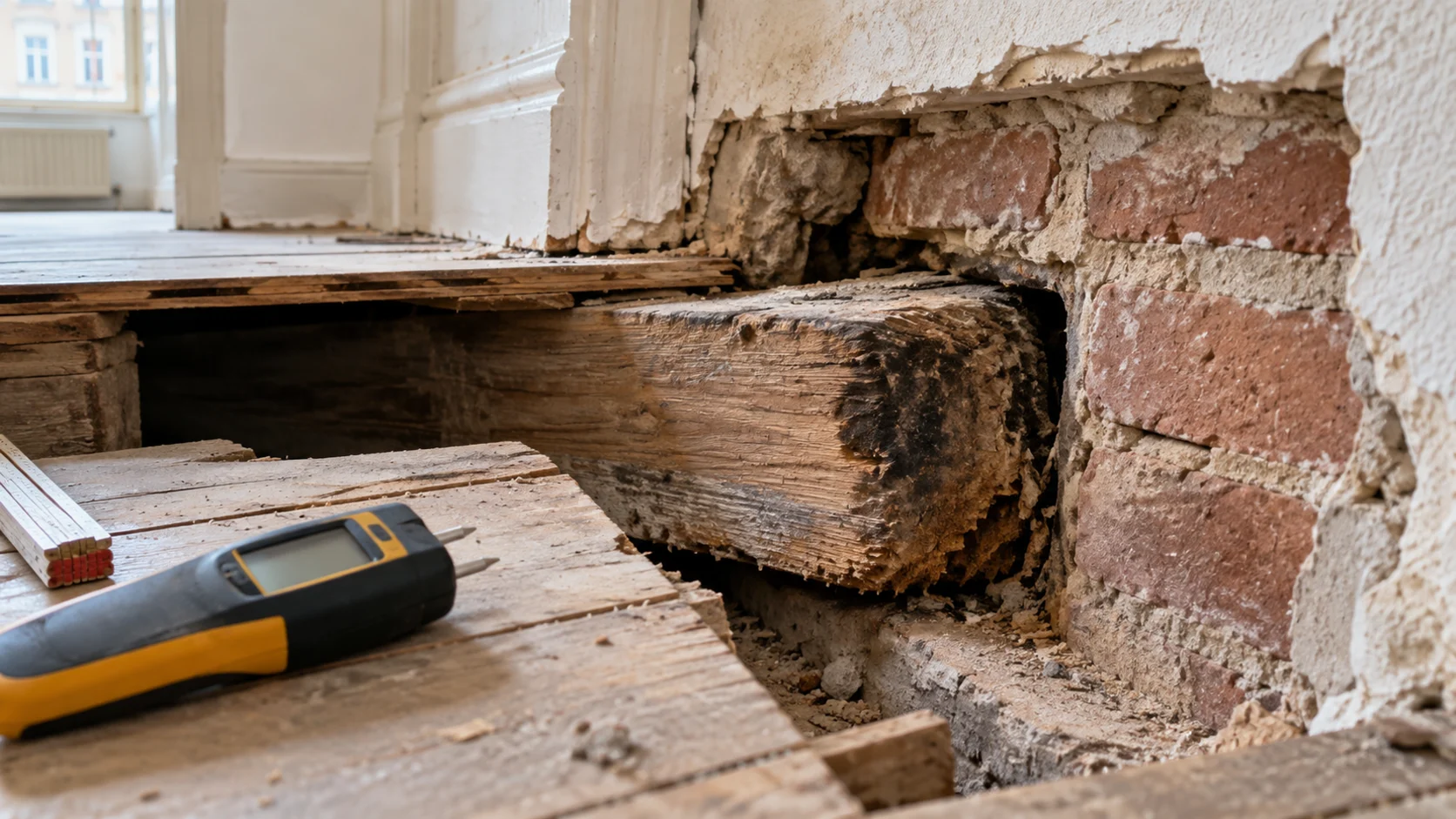 Symbolbild: Freigelegter geschädigter Balkenkopf einer Holzbalkendecke im Ziegelmauerwerk mit Feuchtemessgerät
