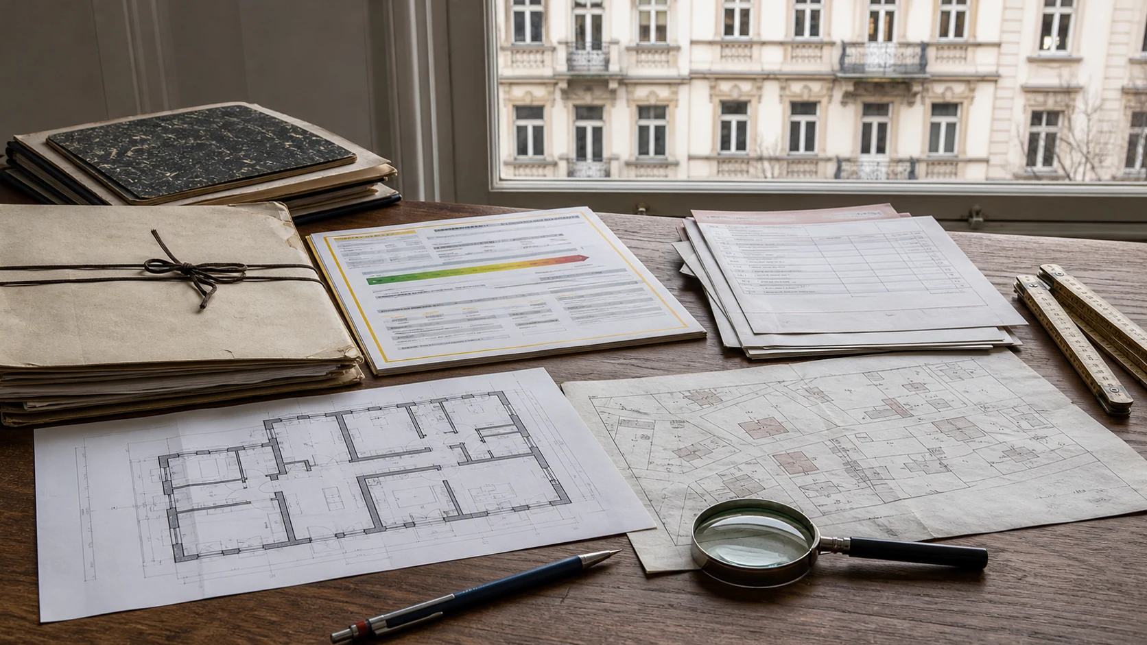 Symbolbild: Bauakte, Grundriss, Energieausweis und Lageplan auf einem Architektentisch vor einem Dresdner Altbau