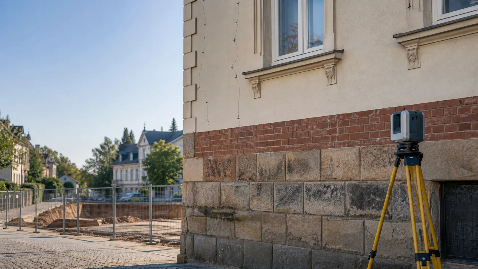 Symbolbild: Vermessungsgerät vor einem Altbau neben einer neuen Baugrube