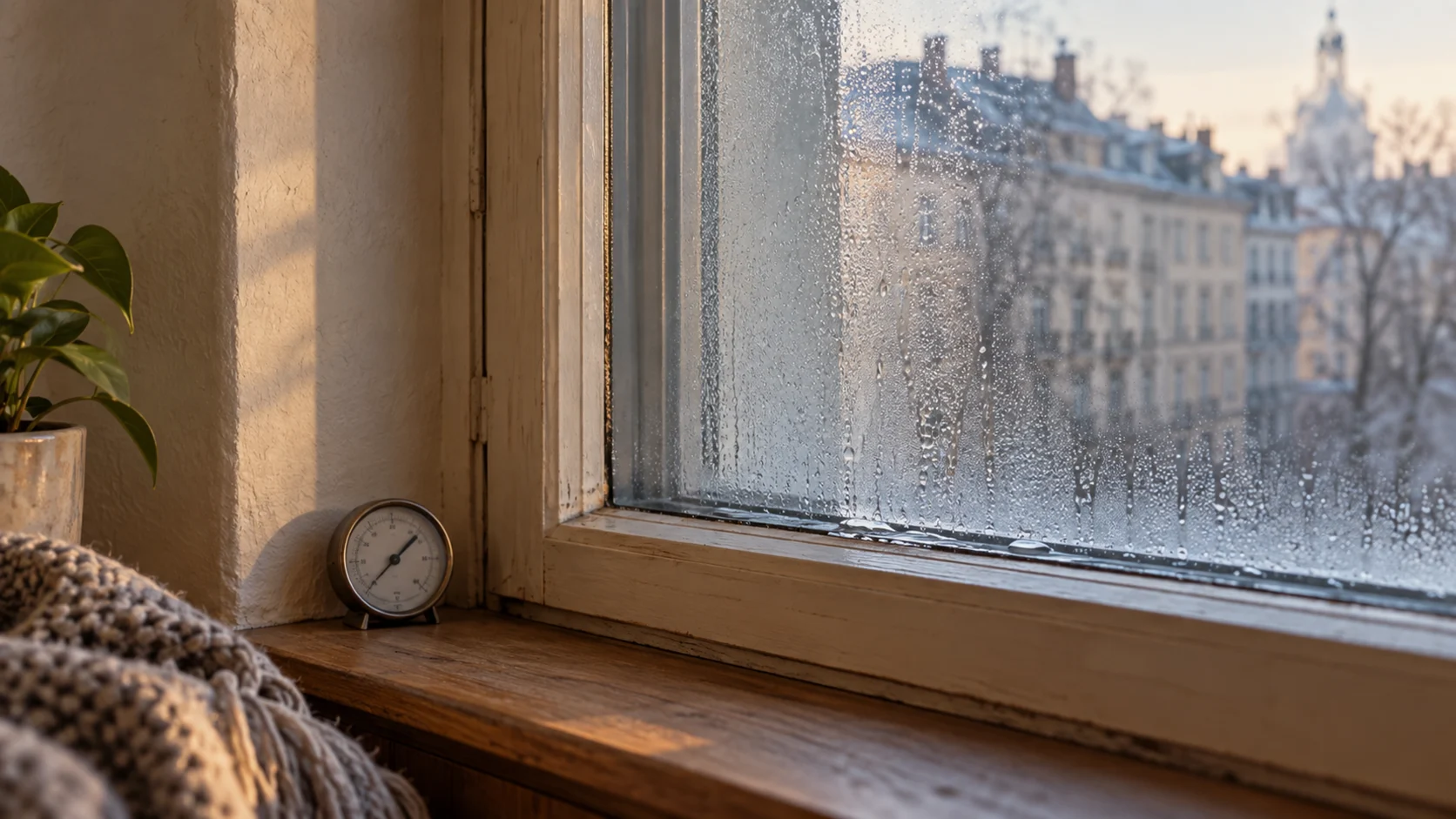 Symbolbild: Kondenswasser an einem alten Holzfenster neben einem Hygrometer
