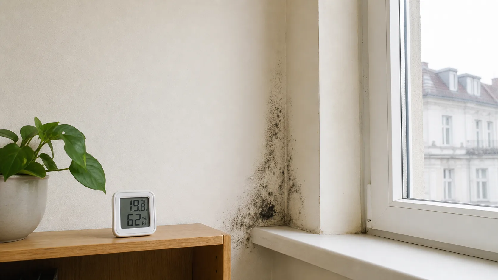 Symbolbild: Schimmelbefall an einer kalten Wohnungsecke neben einem Hygrometer